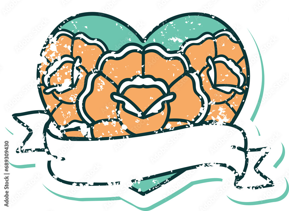 iconic distressed sticker tattoo style image of a heart and banner with flowers iconic distressed sticker tattoo style image of a heart and banner with flowers