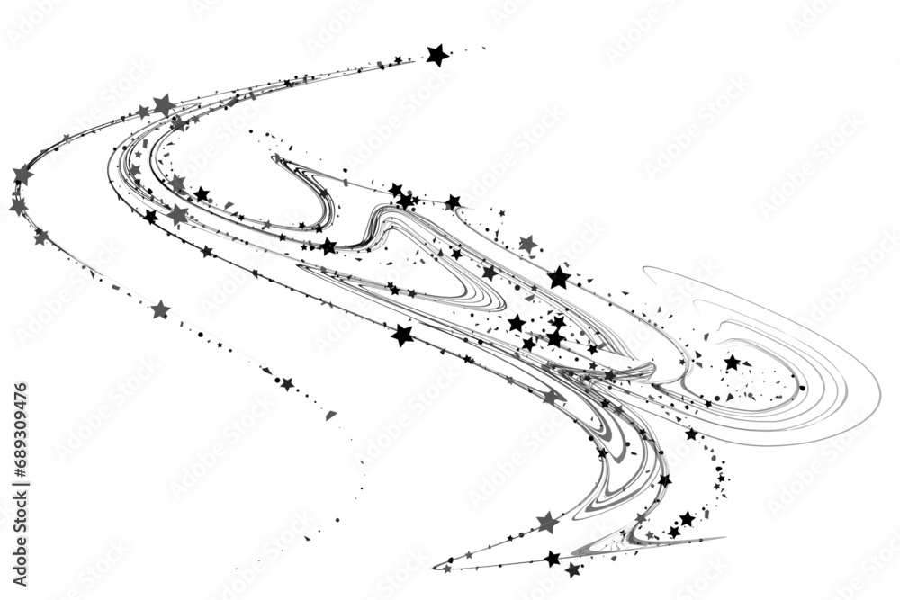 Confetti stars and pencil strokes. The stars fly along the trajectory of the lines. Black, white colors. Festive background. Vector illustration Confetti stars and pencil strokes. The stars fly along the trajectory of the lines. Black, white colors. Festive background. Vector illustration