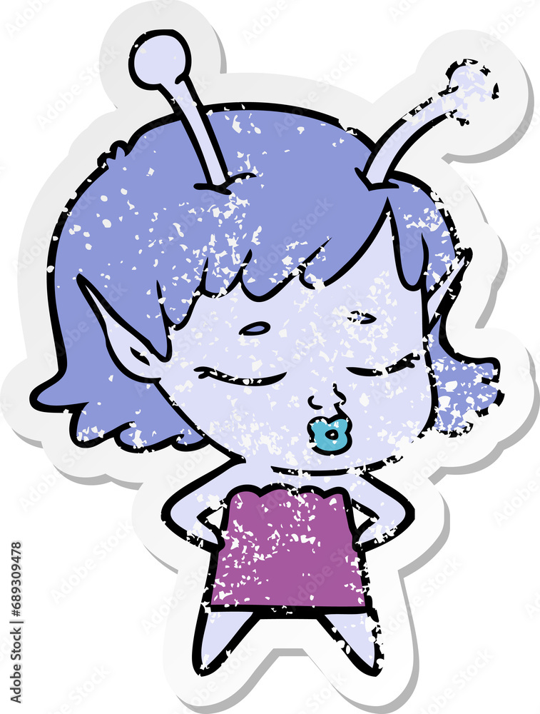 distressed sticker of a cute alien girl cartoon distressed sticker of a cute alien girl cartoon