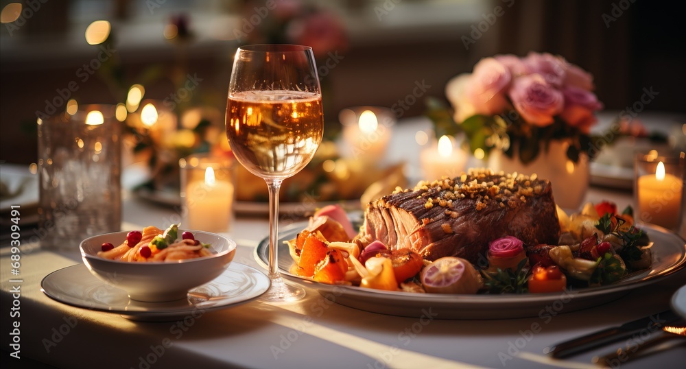 Roast meat with roasted potatoes and herbs on a plate, served with a glass of white wine, creates a gourmet dinner in a warm, cozy atmosphere with soft candlelight.