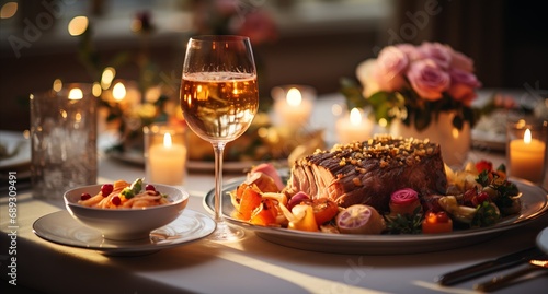 Roast meat with roasted potatoes and herbs on a plate, served with a glass of white wine, creates a gourmet dinner in a warm, cozy atmosphere with soft candlelight.