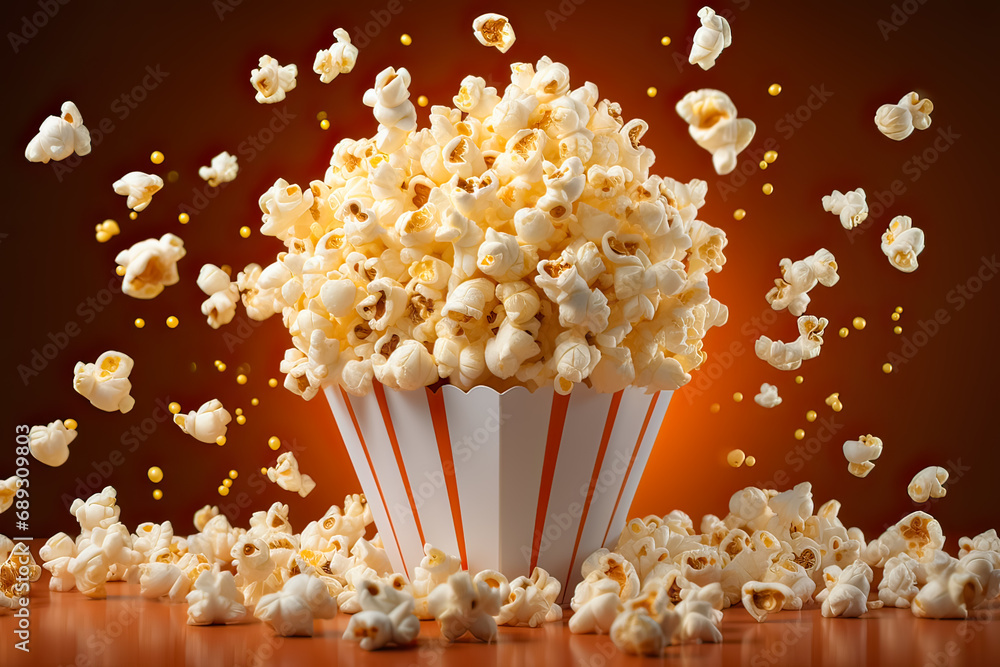 Popcorn delight, A burst of fun on a bright background a playful stock photo capturing the cheerful essence of this timeless and tasty snack.