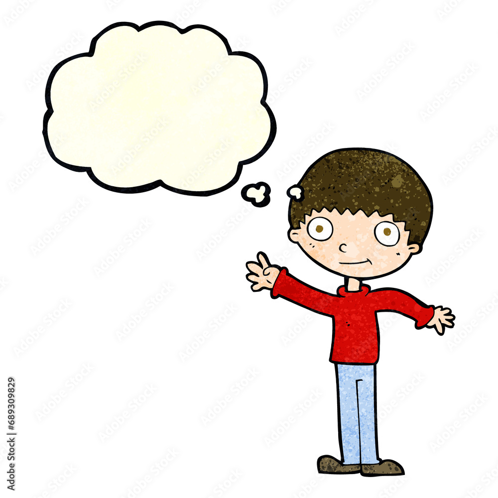 cartoon happy waving boy with thought bubble cartoon happy waving boy with thought bubble