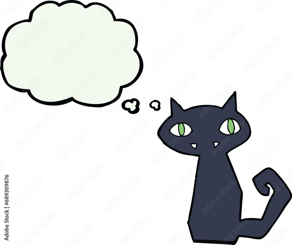 cartoon black cat with thought bubble