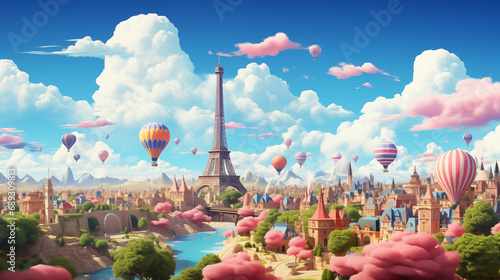 Fototapeta Naklejka Na Ścianę i Meble -  Landscape of Paris city in style of 3D cartoon design 80s