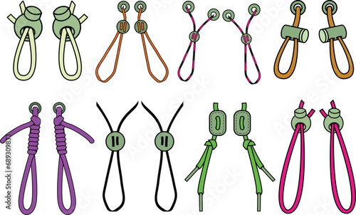 Drawstring cord stopper flat sketch vector illustrator. Set of Draw string lock slider toggles fastener for bags, back backs, jackets, Shorts. Plastic Drawcord lock end toggle to pulled or tighten photo