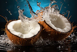 Tropical freshness, An open coconut with splashes a vibrant stock photo capturing the refreshing allure of the tropics with every splash of water.