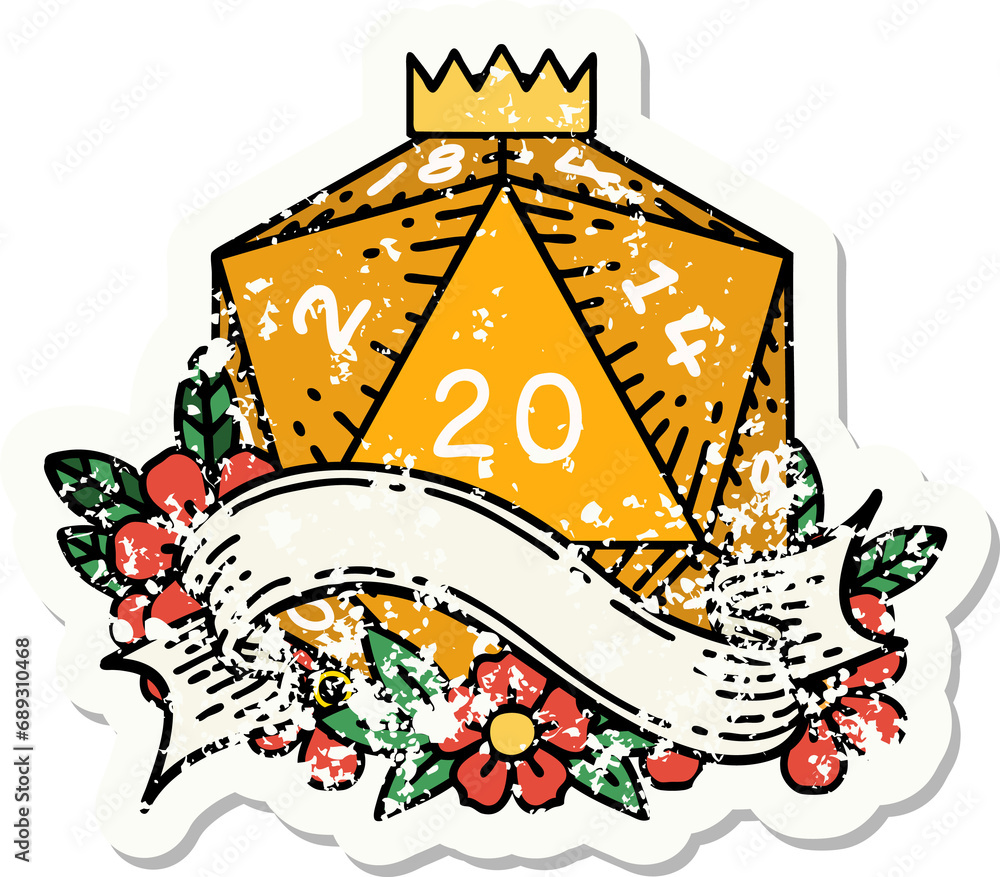 grunge sticker of a natural twenty D20 dice roll