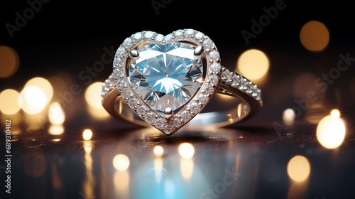 wedding ring with a heart-shaped stone. copy space
