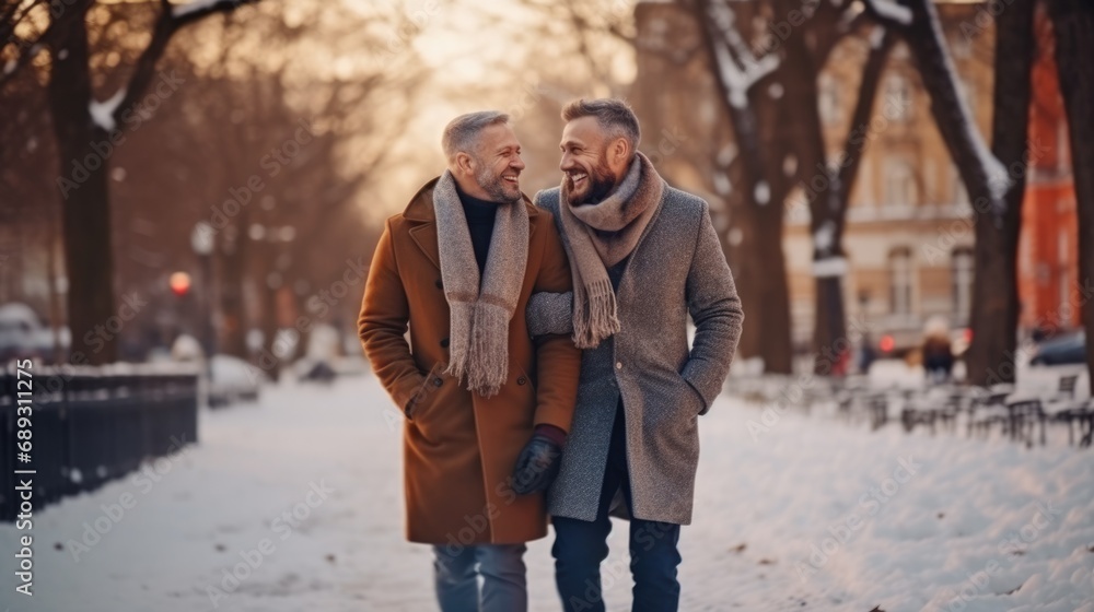 romantic male couple,two gay men have conversation,walk in the park  - obrazy, fototapety, plakaty 