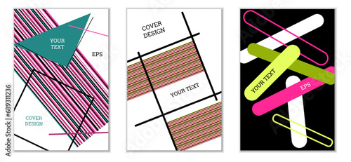 Geometric cover design, set of 3 covers. Abstract unusual background in Memphis style. Bright geometric shapes in random order