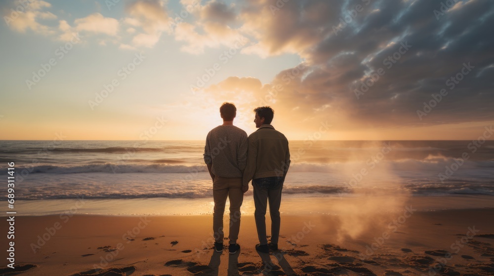 romantic male couple,stay on the beach,back view, two gay men have conversation,sea on background