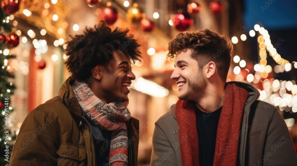 romantic male couple,two gay men have conversation,christmas decoration on background