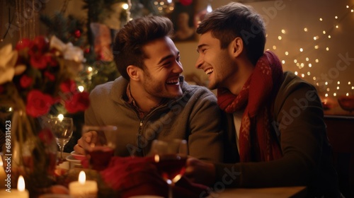 romantic male couple,two gay men have conversation,christmas decoration on background