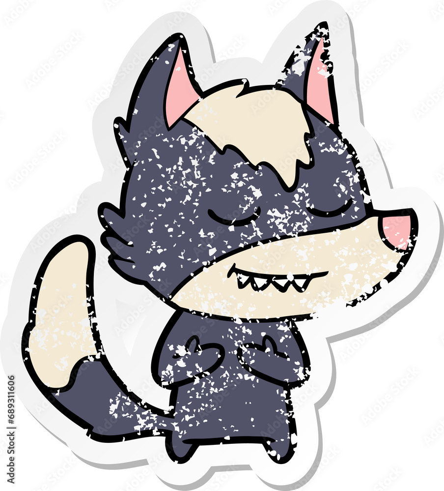 Obraz premium distressed sticker of a friendly cartoon wolf