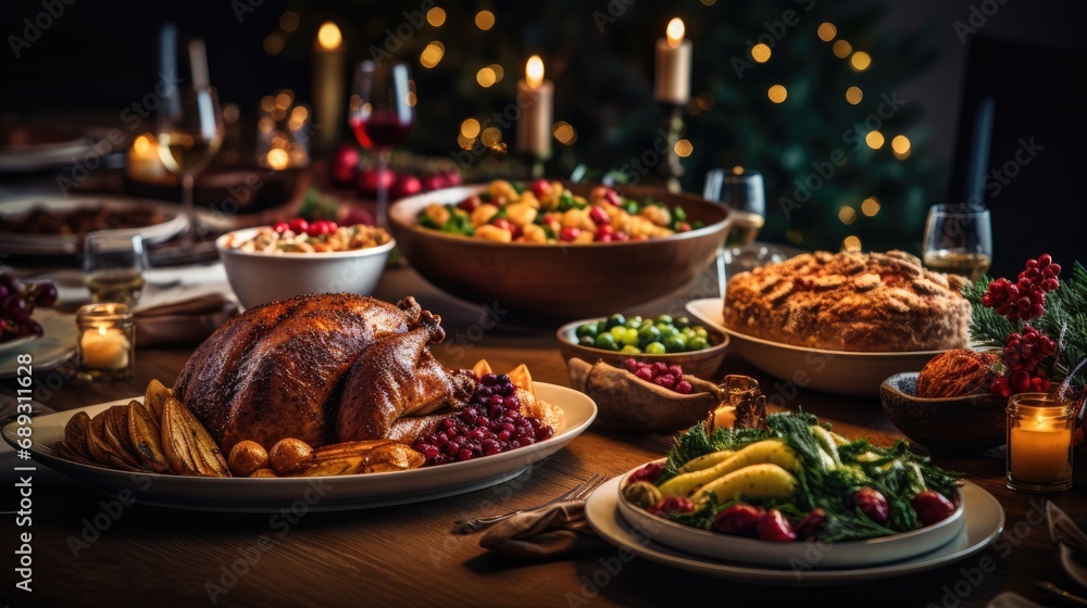 A festive Christmas dinner table set with a glistening roasted turkey, an array of side dishes, and ambient candlelight, creating a warm and inviting holiday feast atmosphere. A festive Christmas dinner table set with a glistening roasted turkey, an array of side dishes, and ambient candlelight, creating a warm and inviting holiday feast atmosphere.