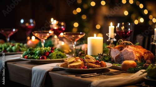 A sumptuous Christmas feast is spread on a table adorned with candles, with a focus on a succulent roasted turkey surrounded by festive decorations and a backdrop of twinkling lights.