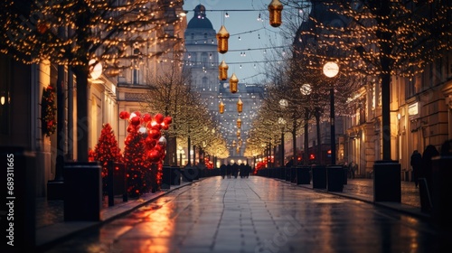 An urban street transforms into a festive avenue with sparkling Christmas lights strung above, large wreaths, and red baubles adorning the lamp posts, inviting holiday shoppers in the early evening gl