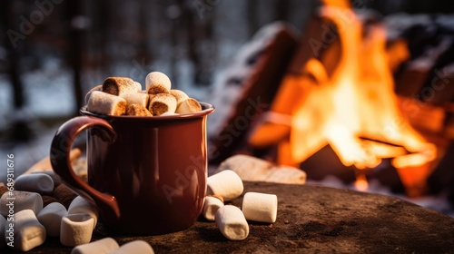 A cozy outdoor setting featuring a steaming mug of hot chocolate topped with marshmallows, with a warming campfire in the background, capturing the essence of winter comfort.