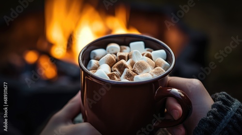 Hands gently cradle a mug of hot cocoa topped with marshmallows against the backdrop of a warm campfire, epitomizing the cozy comfort of winter's embrace.