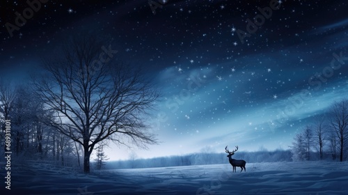  A serene winter night landscape featuring a solitary deer standing in the snow, with bare trees and a mystical array of stars shimmering in the dark blue sky above.
