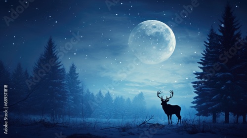 A majestic winter night scene with a full moon illuminating the snowy landscape and a silhouetted deer standing beside evergreen trees, under a sky filled with falling snowflakes.