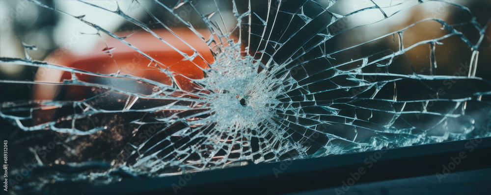 Car crash window detail. Windows glass is broken after car accident - obrazy, fototapety, plakaty 