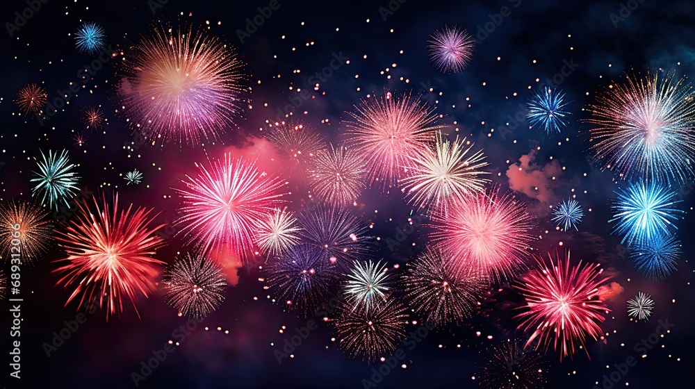 Fototapeta premium Colorful Fireworks Lighting up the Night Sky at a Festive Event