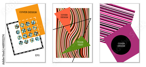 Geometric cover design, set of 3 covers. Abstract unusual background in Memphis style. Bright geometric shapes in random order