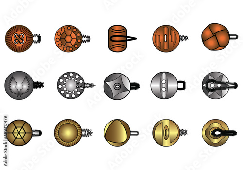 Metal Buttons flat sketch vector illustration set, different types of Shirt Buttons, Shank button, Flat buttons and Decorative buttons for fasteners, dresses garments, Jeans, Clothing and Accessories