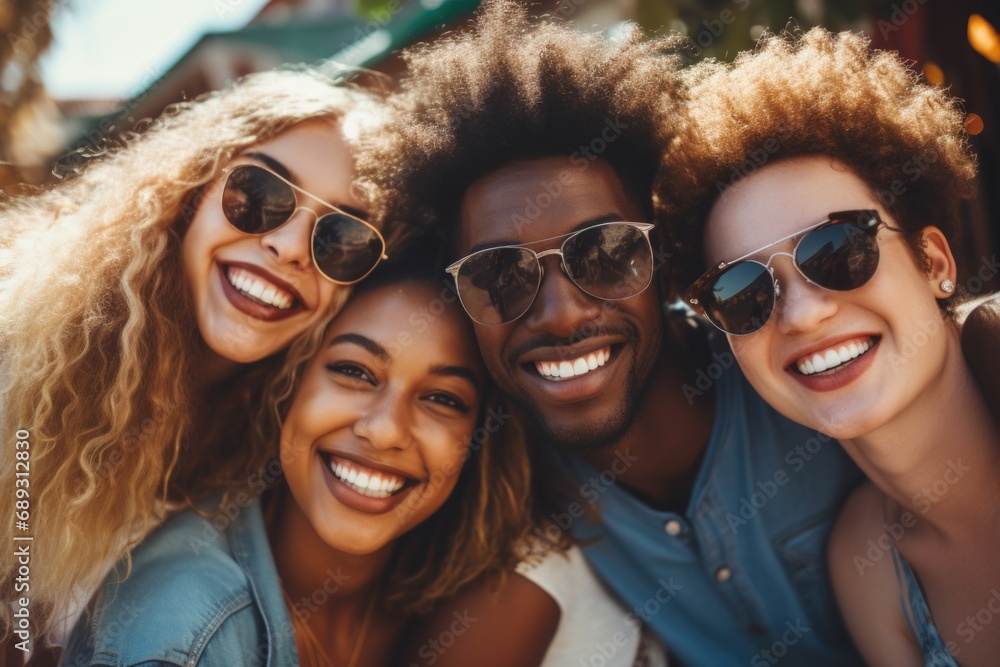 A group of friends capturing a moment together with a selfie. Perfect for social media posts and capturing memories A group of friends capturing a moment together with a selfie. Perfect for social media posts and capturing memories
