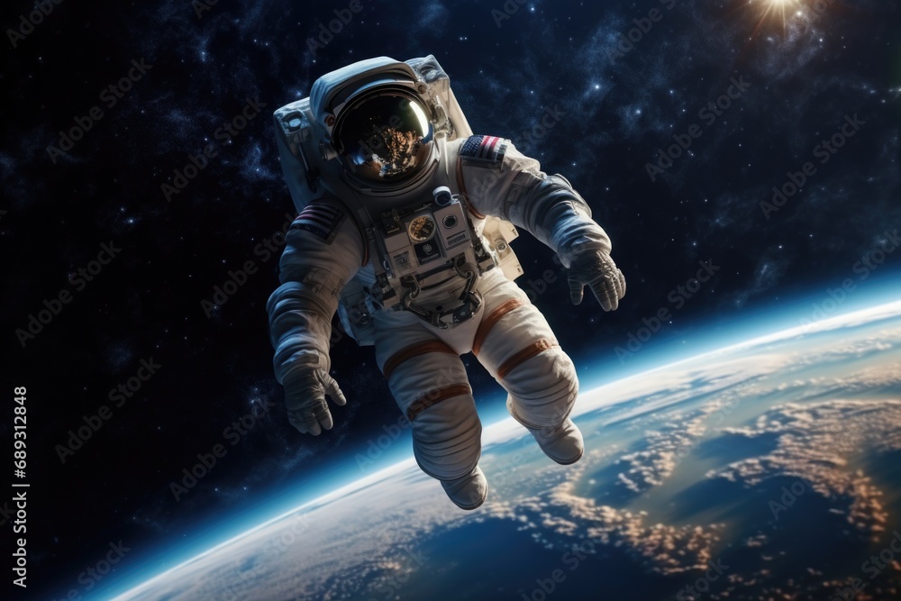An astronaut floating in space above the earth. Can be used for scientific or educational purposes