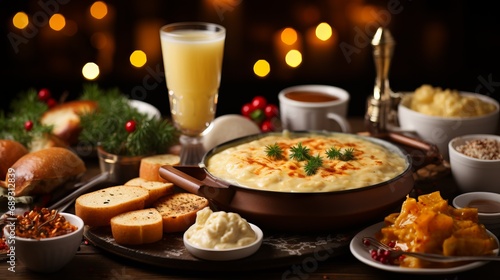 Cheese fondue in a ceramic pot. Melted cheese in a plate with croutons. Cheese plates, fatty snacks for holiday feasts 