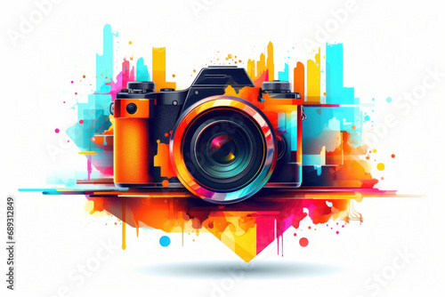 A digital camera covered in vibrant paint splatters. Perfect for capturing creative moments. photo