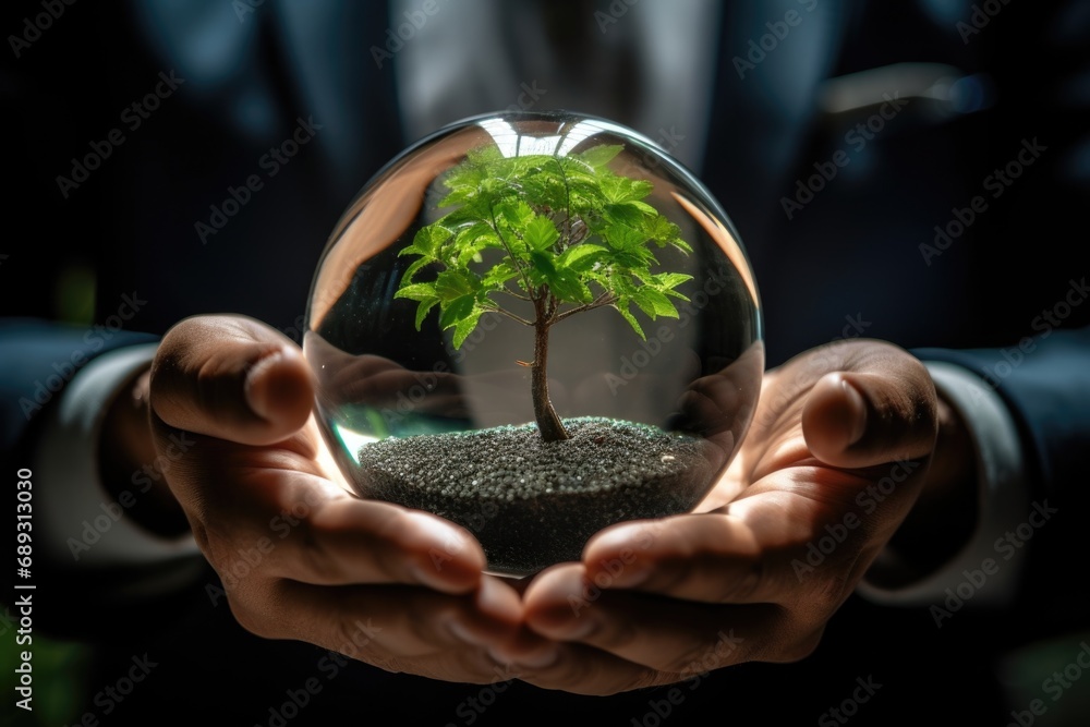 A person is seen holding a small tree inside a glass ball. This image can be used for various purposes