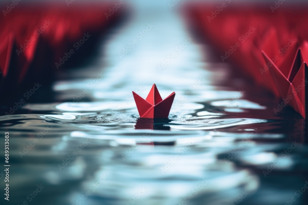 A red paper boat peacefully floating on the surface of a calm body of water. This image captures the simplicity and tranquility of a paper boat gently sailing on the water. - obrazy, fototapety, plakaty 