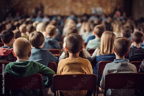 A group of children seated in chairs facing a crowd. Suitable for educational or performance events