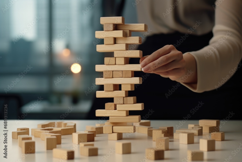 A person is seen playing with wooden blocks on a table. This image can be used for educational purposes or to represent creativity and problem-solving A person is seen playing with wooden blocks on a table. This image can be used for educational purposes or to represent creativity and problem-solving