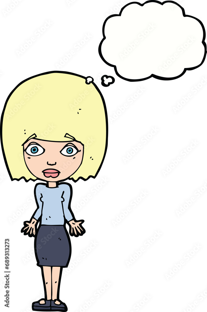 cartoon woman shrugging shoulders with thought bubble cartoon woman shrugging shoulders with thought bubble