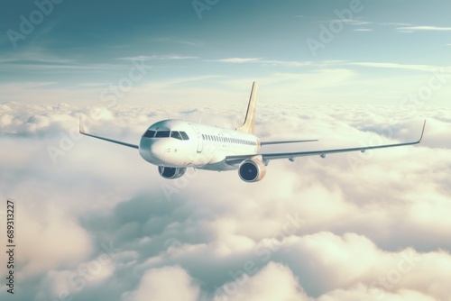 A large passenger jet flying through a cloudy sky. Perfect for travel and aviation-related designs