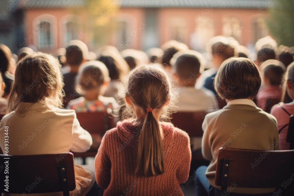A group of children sitting in front of a crowd. Can be used to depict a school event or a performance A group of children sitting in front of a crowd. Can be used to depict a school event or a performance
