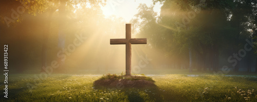 Photo Crucifix in morning light agaisnt green autumn forest.