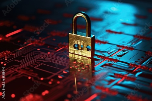 A golden padlock is pictured sitting on top of a circuit board. This image can be used to represent concepts such as security, technology, encryption, or data protection photo