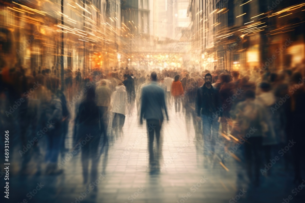 A blurry image capturing a crowd of people walking down a street. Can be used to depict urban life or busy city scenes