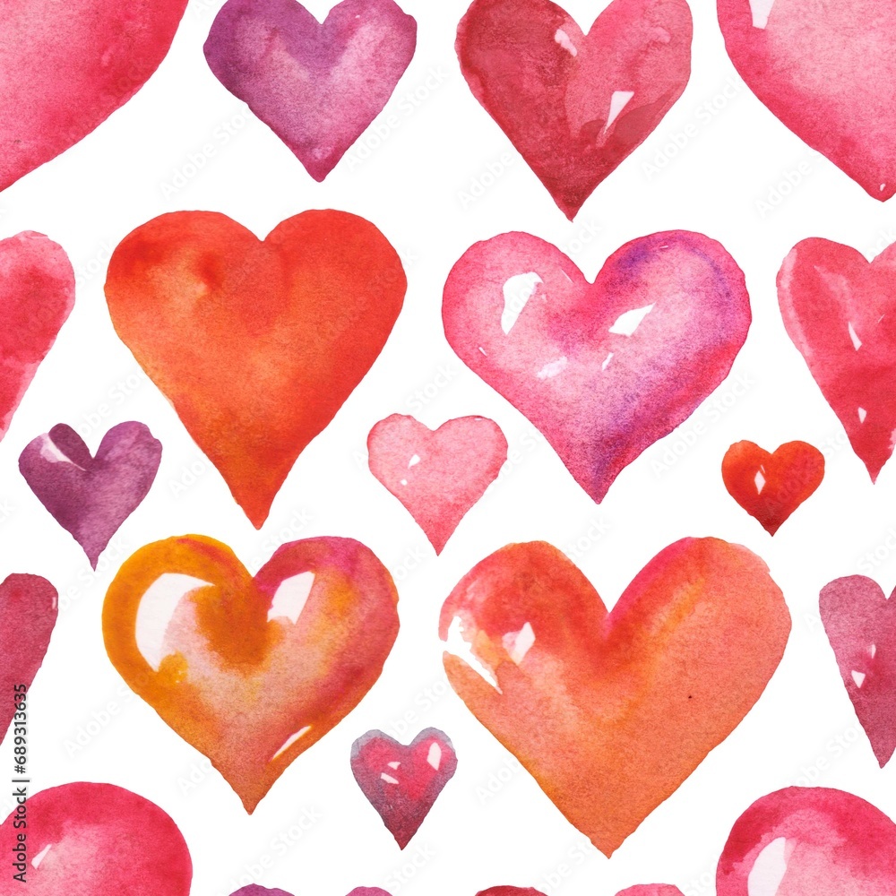 Hand painted watercolor seamless pattern with random little purple pink violet hearts on white background. Design element and printing greeting cards, wrapping paper and textile
