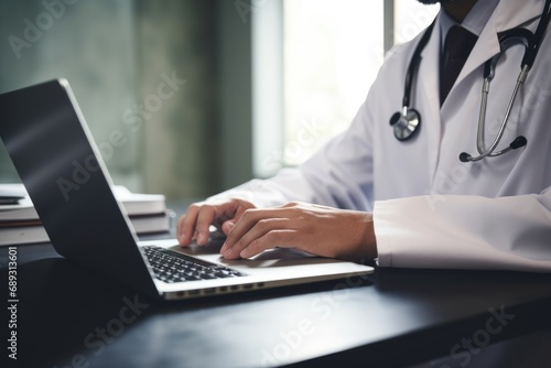 A doctor is seen typing on a laptop computer at a desk. This image can be used to depict a healthcare professional working on administrative tasks or conducting research