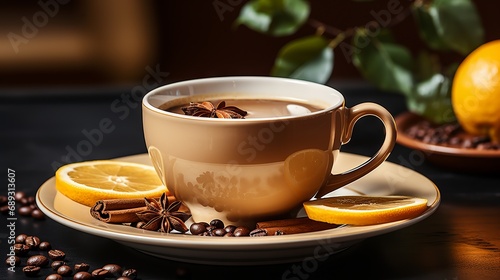 Black coffee with lemon. Ceramic cup with hot drink and fruit flavor. Banner with copy space
