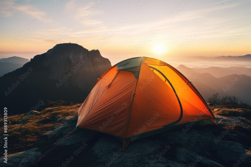 A tent pitched on top of a mountain at sunset. Perfect for adventure and outdoor travel concepts