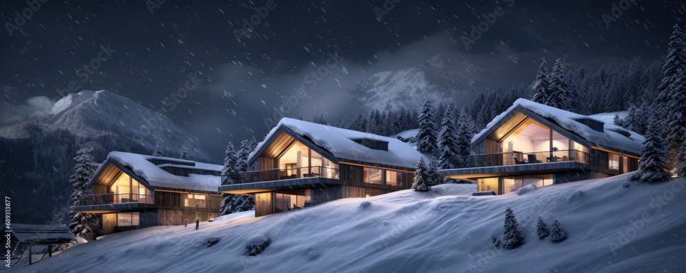 Alpine huts or cottages in winter land. Panoramatic view on chalets covered with snow in evening time. - obrazy, fototapety, plakaty 