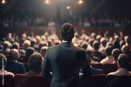 A man dressed in a suit confidently standing in front of a crowd. Suitable for business presentations and public speaking events photo